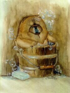 Watercolor painting of a Chow Chow puppy peeking out of a wooden wash tub full of bubbles