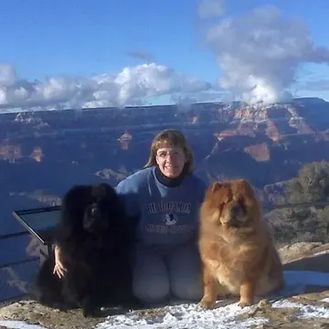 Amy with a black Chow and a red Chow at the Grand Canyon